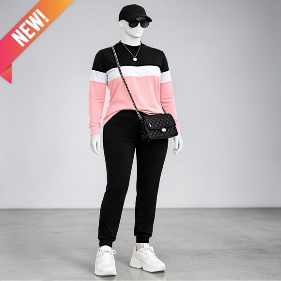 Pants - Colorblock Pink, White & Black Long Sleeve Top and Jogger Set